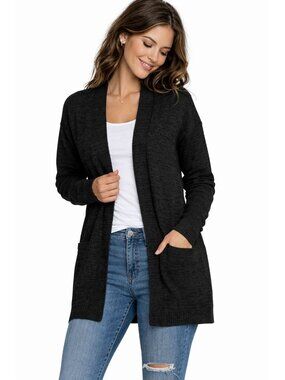 Frye Womens Donegal Black Open Knit Cardigan Sweater With Pockets Size Medium